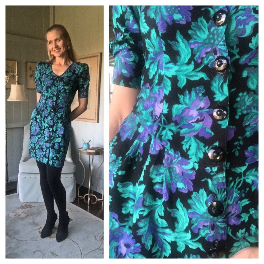 VintagFloral Midi Dress, Puff Sleeve Dress, 80s Dress, like Laura Ashley | Small